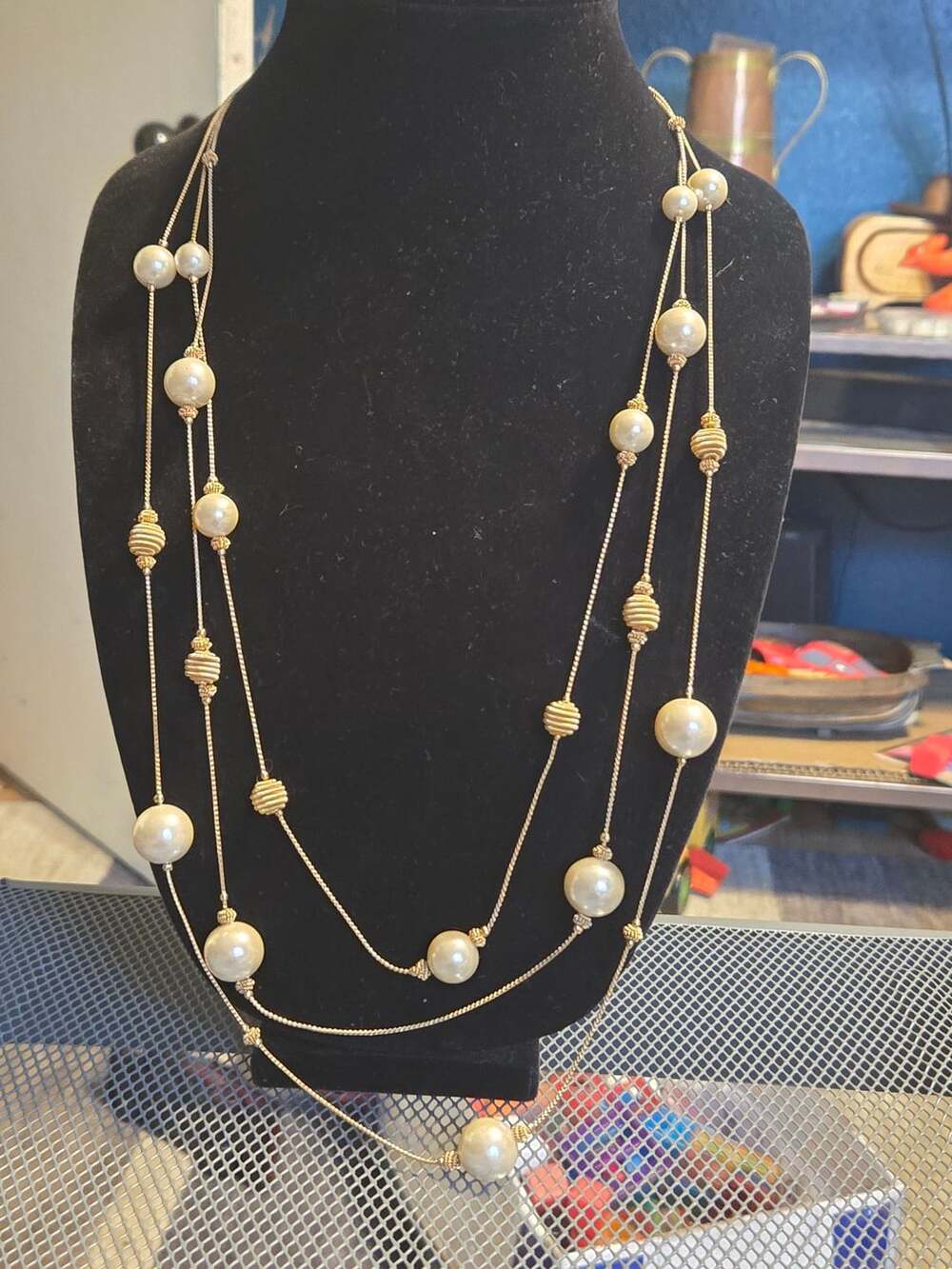 Vintage Multi-Strand Faux Pearl And Gold Tone Station Necklace 27 Inches